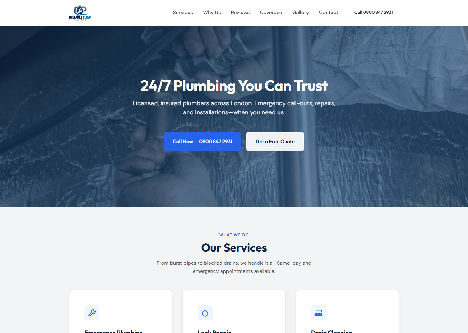 Reliable Flow Plumbing website design by SwiftFrame Webworks
